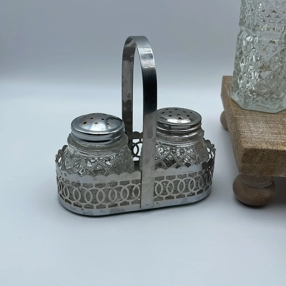 Vintage Pressed Glass Salt and Pepper Shakers with Silver Accents Lot of 3 Sets